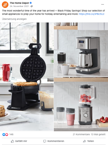 Black Friday Facebook post by Home Depot showing only products such as. a coffee machine, a blender and a waffle iron